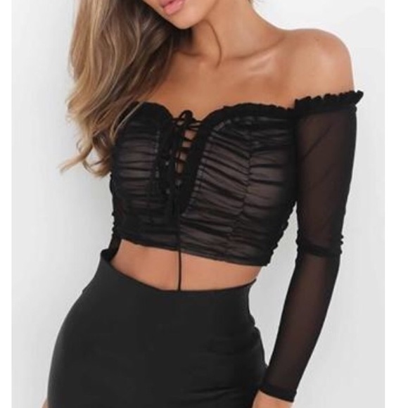 Forever 21 Tops - FOREVER 21 OFF SHOULDER MESH LACE UP CROP TOP
